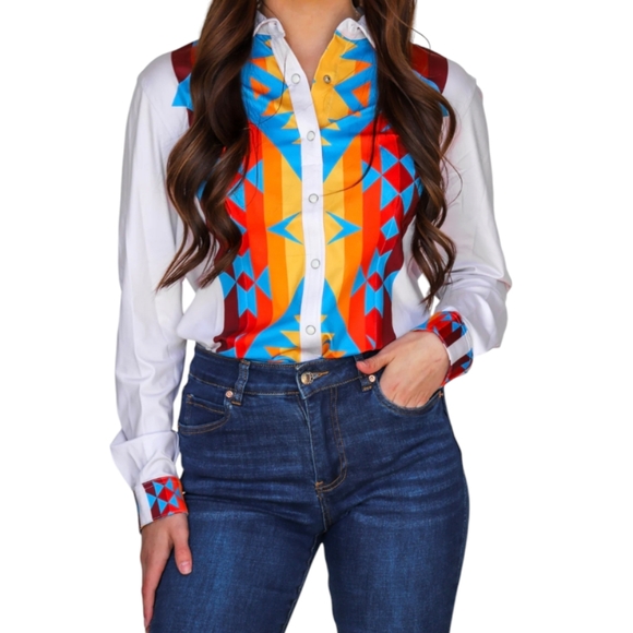 RANCH DRESS'N Fallon Taylor "Atoka" white/blue Performance rodeo shirt sz L NWT - Picture 3 of 11